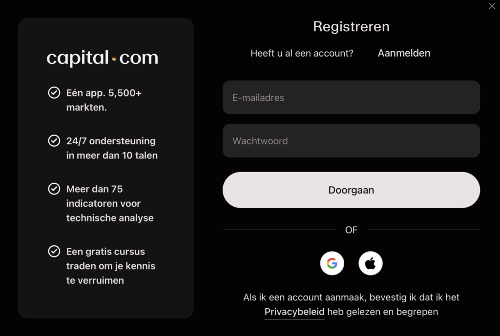 Een Capital.com account aanmaken is bennen enkele minuten gepiept