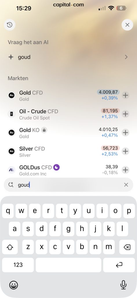 Gebruik de zoekfunctie van Capital.com om eenvoudig de juiste asset te vinden en geen kansen te missen