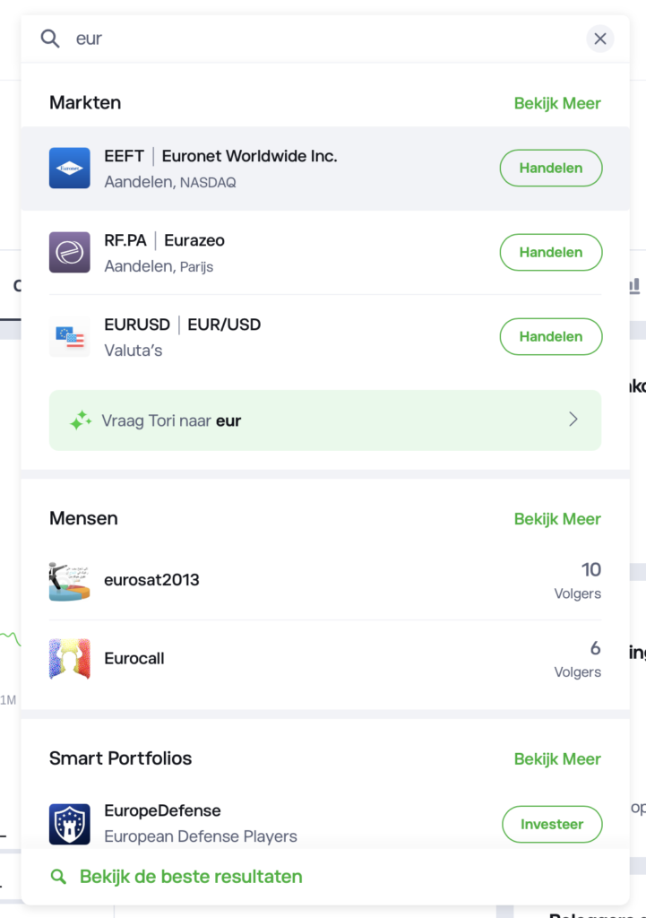 De zoekfuncties van eToro's WebTrader stellen je in staat eenvoudig de juiste asset te vinden.
