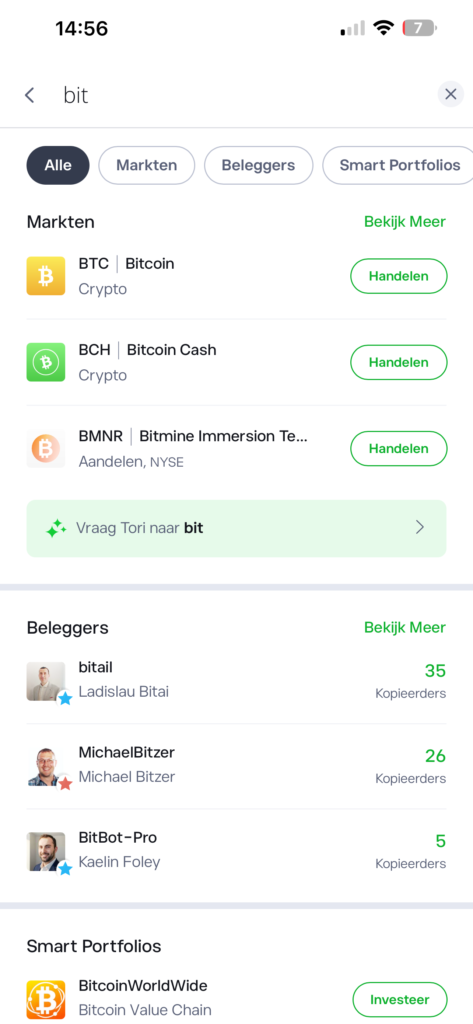 De zoekfunctie van eToro stelt je in staat eenvoudig de juiste assets te vinden
