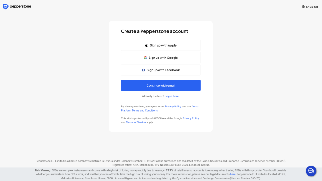 Het accountopeningsvenster van Pepperstone