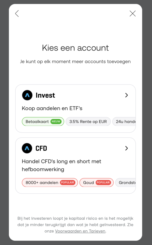 Maak de keuze tussen CFD of Invest account bij Trading212