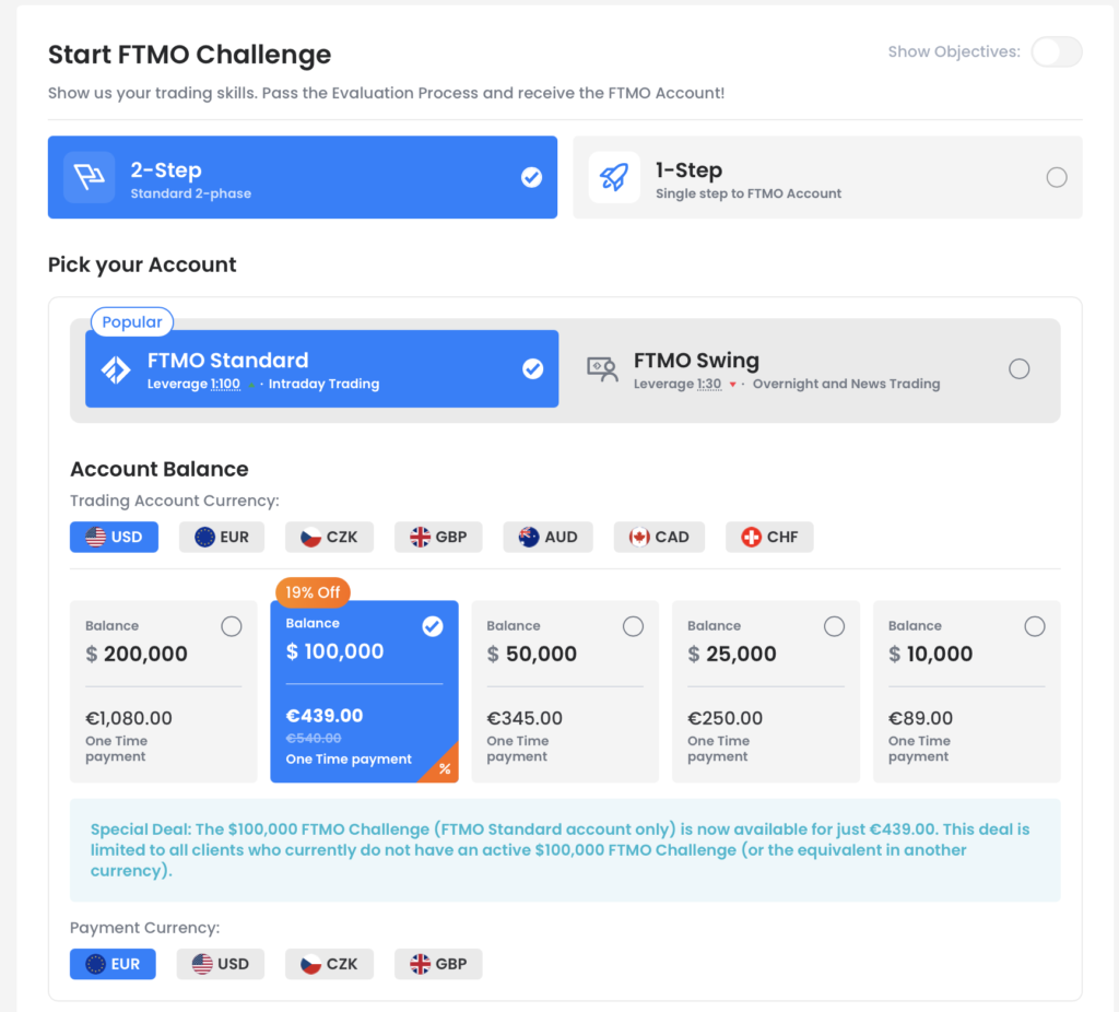 FTMO accountgrootte en challenge type